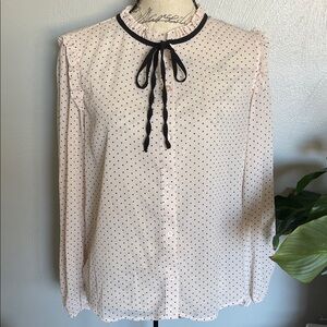 Adrianna Papell Blush Polka Dot Ruffle Tie Neck Blouse Size Medium